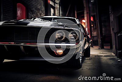 Closeup muscle car cropped front perspective view. Generative AI Stock Photo