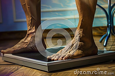 closeup of muscular legs on a scale after gaining muscle mass Stock Photo