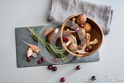 Closeup on mushrooms lingonberries and rosmarinus Stock Photo