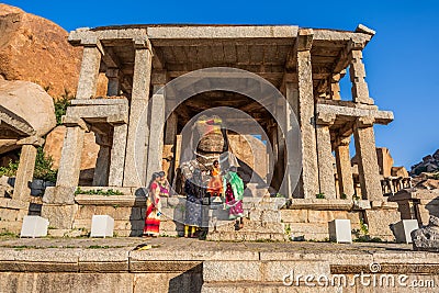 Closeup of Nandi Monolith Statue temple with statue clearly visible, Hampi, karnataka, India Editorial Stock Photo