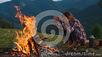 Closeup nature camper relax on nature. Happy girl enjoy loneliness in mountains. Stock Photo