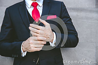 Closeup neat suite dressing of gentle man. manager businessman lawyer formal dress clothes standing hand Stock Photo