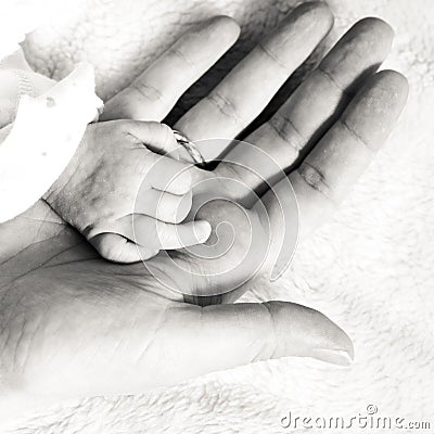 Closeup newborn baby holding his mothers finger Stock Photo