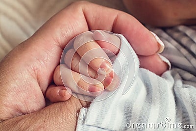 Closeup newborn and mothers hands Stock Photo