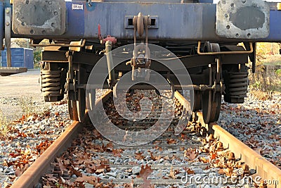 Closeup of an old industrial rail car wheels on a railway track Stock Photo