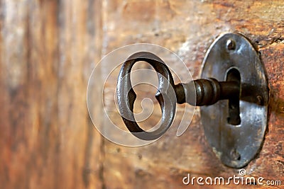 Closeup of an old keyhole with key Stock Photo