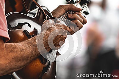 Closeup of an old man hands playing mandolin Stock Photo
