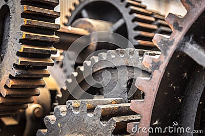 Closeup of old rusty cogs, gears, machinery. Stock Photo