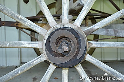 Closeup of an antique wagon wheel on display at the Oscar Farris Agricultural Museum in Nashville Tennessee Editorial Stock Photo