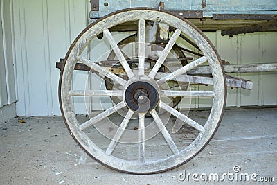 Closeup of an old wagon wheel on display at the Oscar Farris Tennessee Agricultural Museum in Nashville Tennessee Editorial Stock Photo