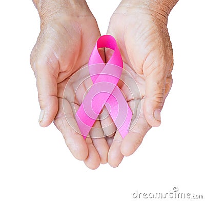 Closeup Old woman hand holding pink ribbon on white background , Stock Photo