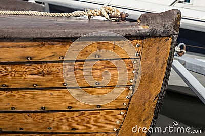 Closeup of an old wooden boat with nice details. Marine environment. Stock Photo