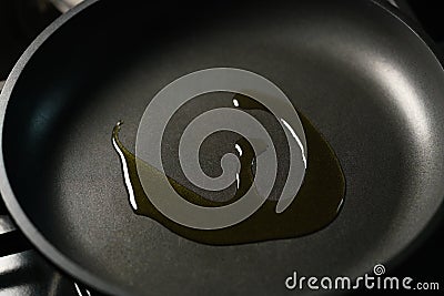 Closeup olive oil in nonstick frying pan Stock Photo