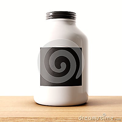 Closeup of one blank not transparent white glass jar on the wood desk and clear wall background.Empty glassy container Stock Photo