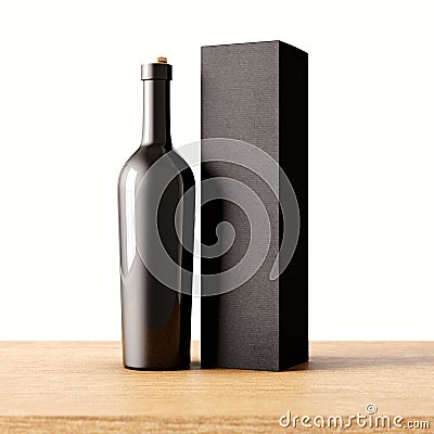 Closeup one not transparent gray glass bottle of wine on the wooden desk, white wall background.Empty glassy container Stock Photo