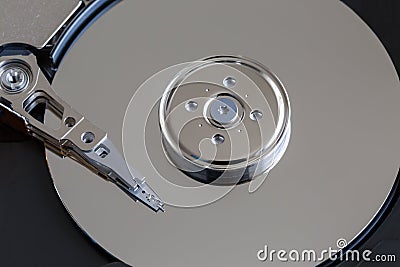 Closeup of an open open computer hard drive. Data safety concept. Stock Photo