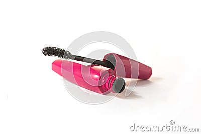 Open Purple Mascara with Brush Wand Applicator Stock Photo