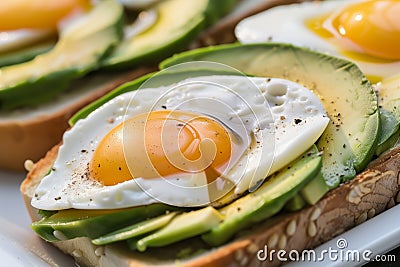 closeup of an openface sandwich with sliced avocado and egg Stock Photo