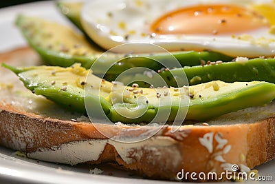 closeup of an openface sandwich with sliced avocado and egg Stock Photo