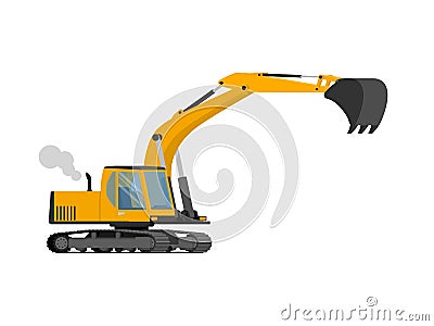 Closeup orange construction excavator with big shovel Vector Illustration