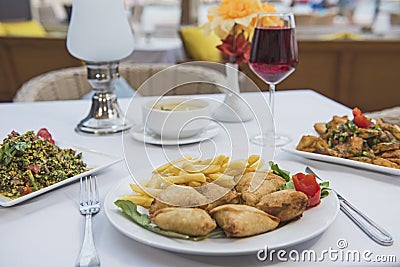 Closeup of sambousek appetizer in outdoor restaurant Stock Photo