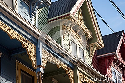 closeup of ornate victorian woodwork on a houses eaves Stock Photo