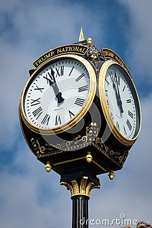 Closeup of the outdoor clock at the Trump National Golf Course in Rancho Palos Verdes, California Editorial Stock Photo