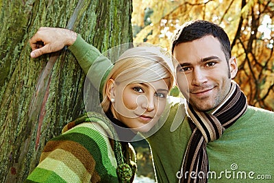 Closeup outdoors portrait of young couple Stock Photo