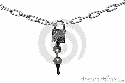 Padlock locking the chain with keys inserted isolated on white background Stock Photo