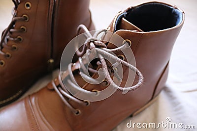 Closeup of a pair of brown leather boots Stock Photo
