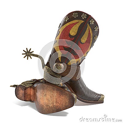 Closeup of a pair cowboy boots with spurs on white. 3D illustration Cartoon Illustration