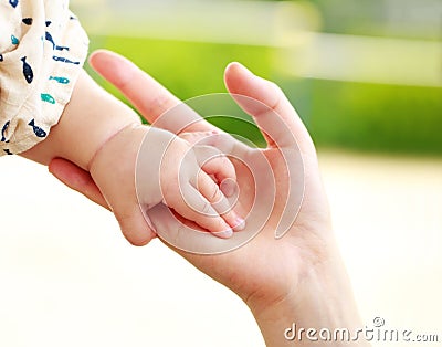 Closeup parent and baby holding hand together Stock Photo