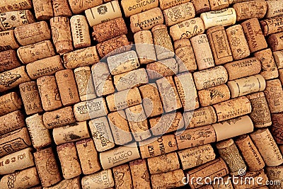 Closeup pattern background of many different wine corks with dates and drops of wine - Image Editorial Stock Photo