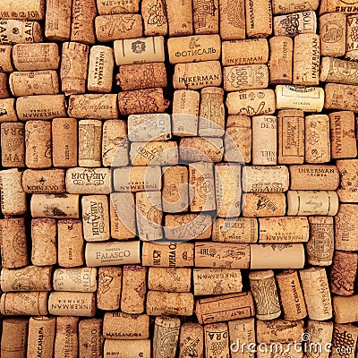 Closeup pattern background of many different wine corks with dates and drops of wine - Image Editorial Stock Photo