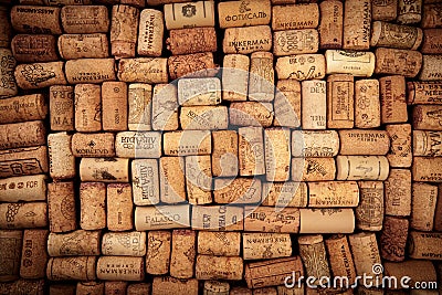 Closeup pattern background of many different wine corks with dates and drops of wine - Image Editorial Stock Photo