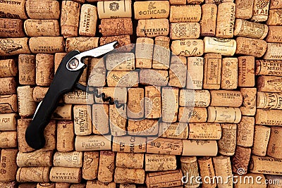Closeup pattern background of many different wine corks with dates and drops of wine - Image Editorial Stock Photo