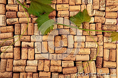 Closeup pattern background of many different wine corks with dates and drops of wine - Image Editorial Stock Photo