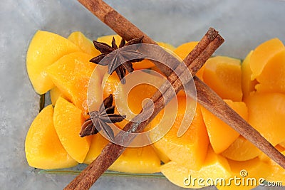 Closeup Peach halves in light syrup Stock Photo