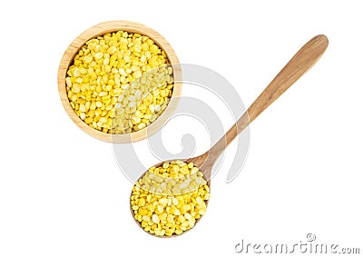 Closeup peeled mung bean in wooden bowl on white background, healthy food concept Stock Photo