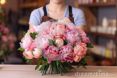 Closeup peony Bouquet on florist workplace. Florist holding large bunch of Flowers. Ai, Ai Generated Stock Photo