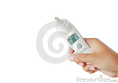 Closeup people hand holding ear thermometer with high temperature isolated on white background Stock Photo