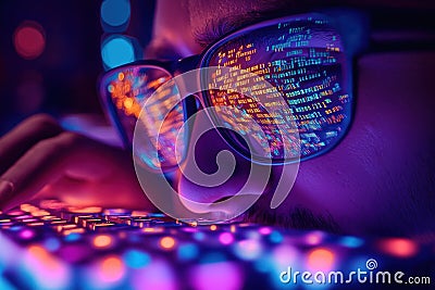 Closeup person intensely types illuminated keyboard. Code streams reflected eyeglasses. Person focused software development. Stock Photo