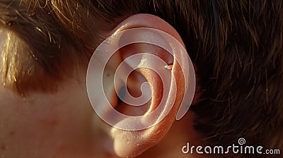 A closeup of a persons ear shows a tiny hearing aid implanted just behind the earlobe. The device blends seamlessly with Stock Photo