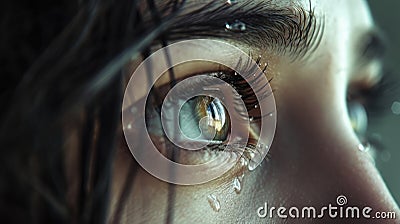 A closeup of a persons face their eyes filled with tears and emotions as they speak about their past struggles and Stock Photo