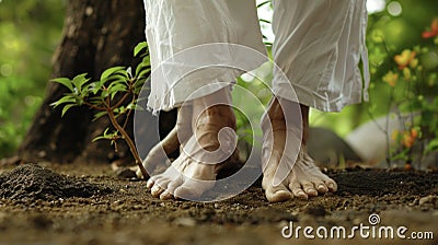 A closeup of a persons feet rooted firmly on the ground in a Tai Chi stance symbolizing the connection to the earth and Stock Photo