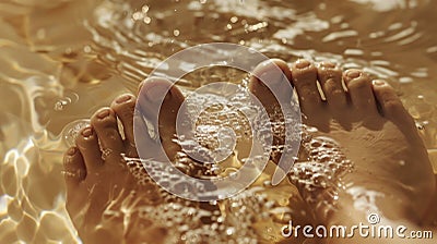 A closeup of a persons feet submerged in a warm foot bath filled with essential oils known for their detoxifying and Stock Photo