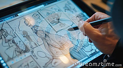 Closeup of a persons hand holding a tablet with a stylus as they use it to sketch out ideas for a new game. On the Stock Photo