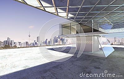 Closeup and perspective view of empty cement floor with modern steel and glass building exterior Stock Photo