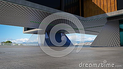 Closeup and perspective view of empty cement floor with steel and glass modern building exterior Stock Photo