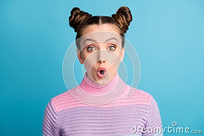 Closeup photo of attractive excited shocked teen lady two funny buns open mouth good mood charming cute nice youngster Stock Photo